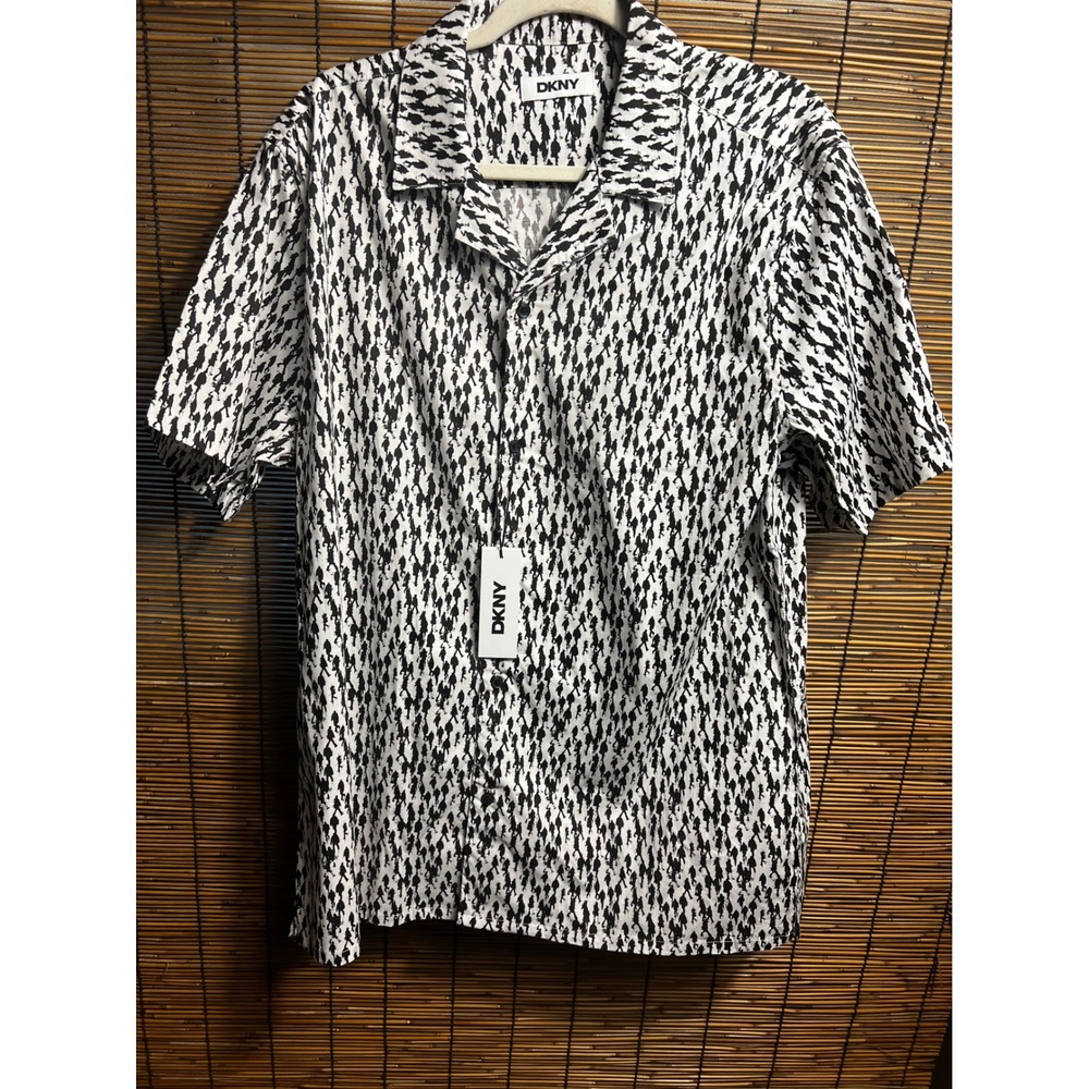DKNY Mens Short Sleeve Button Down Shirt Black White People Print